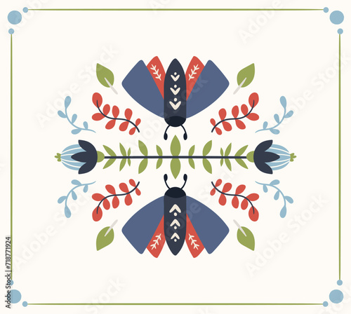 Folk art ready to use vector print in Scandinavian style, hygge isolated design on white. Composition with classic ethnic elements. The scandi folk motif - mirror reflected moth and flowers