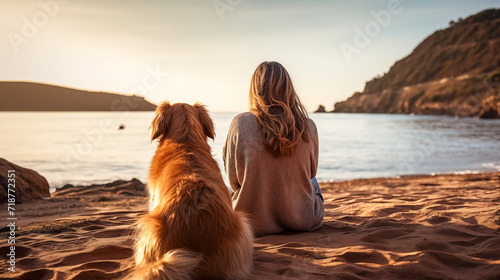 Rear view of woman with dog relaxing on sand on beach © Simon