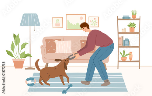 happy pet owner with dog in cozy interior of living room. Pet sitter and friendly service concept. People playing, cuddling with animal friends at home. Colored flat hand drawn vector illustration.