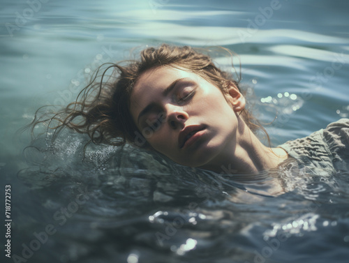a girl swims in the water, the reflection of the waves, a young girl, created with Generative AI technology © Ярослав Колташов