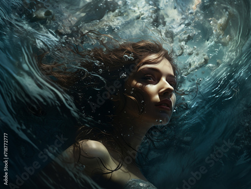 a girl swims in the water, the reflection of the waves, a young girl, created with Generative AI technology © Ярослав Колташов
