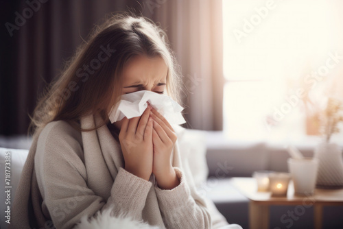 A young girl is suffering from a flu