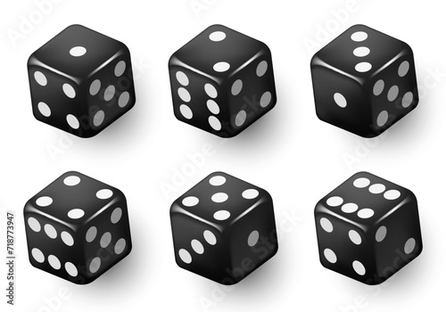 Black dice with black dots. Vector set isolated on white background. 3d dice. photo