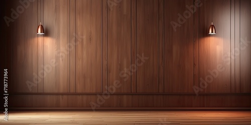 Empty room with wooden wall panels and premium cabinet style. photo