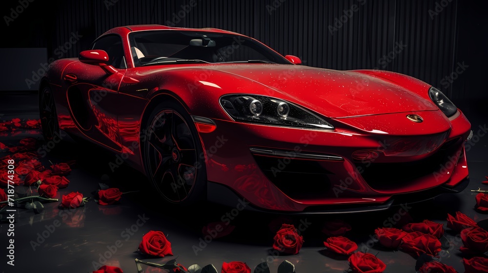 Naklejka premium Sport car with in dark smoke atmosphere, Red car tin the dark