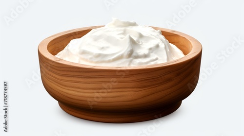 A bowl made of wood containing whipped sour cream