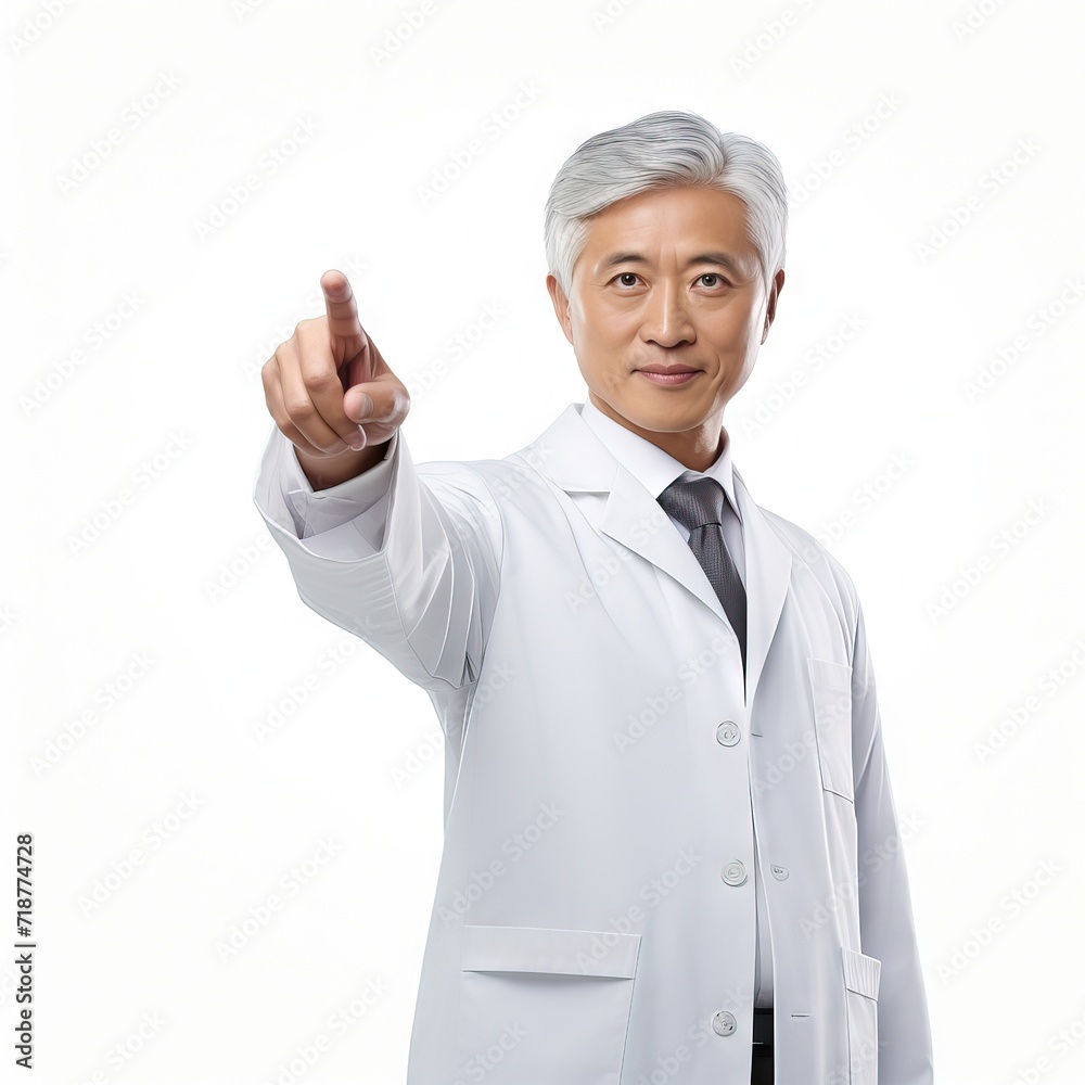 Japanese doctor presentation at a conference while pointing White coat looking at the camera Japanese doctor presentation at a conference while pointing White coat looking at the camera