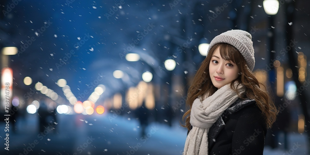 Back view of close up of a woman walking in snowy winter night park. AI generative Back view of close up of a woman walking in snowy winter night park. AI generative