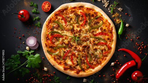 Spicy pizza with chicken tomatoes and jalapenos