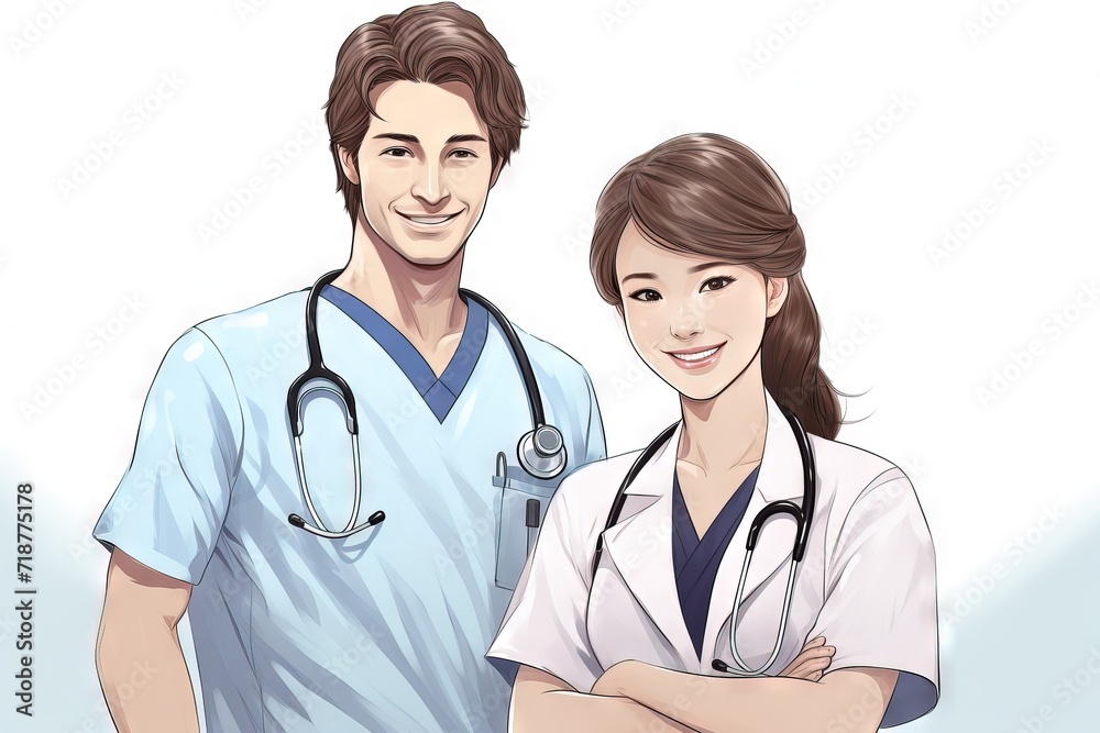 Japanese male and female nurses apprentice nurses a man and a woman working at a clinic Generative AI Japanese male and female nurses apprentice nurses a man and a woman working at a clinic Generative AI