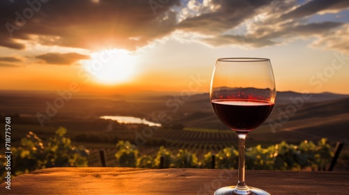Close-up of a glass of red wine against the background of a beautiful vineyard landscape at sunset. Alcoholic beverages, wine market concepts. Copy Space.