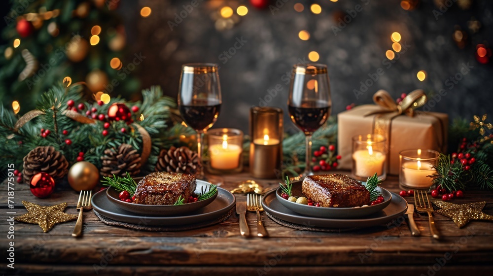 Holiday Dinner: A Festive Meal with Wine and Candles Generative AI