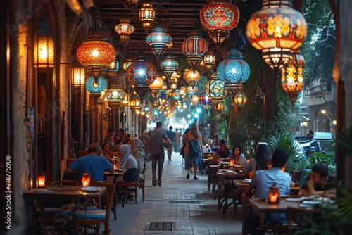 Luminous Nightlife: A Bustling Middle Eastern Street Scene Generative AI