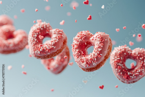 heart shaped valentine iced doughnut flying against a plain background