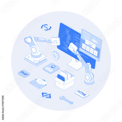 Web Development. Software Engineering and Coding Website Application. Full stack web development. Program code on the monitor screen. Vector outline illustration with isometry scene for web graphic