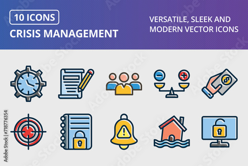 Crisis Management Thick Line Filled Dark Colors Icons Set