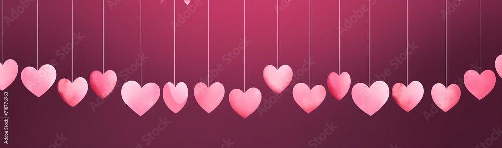 pink hearts hang from strings of light pink threads