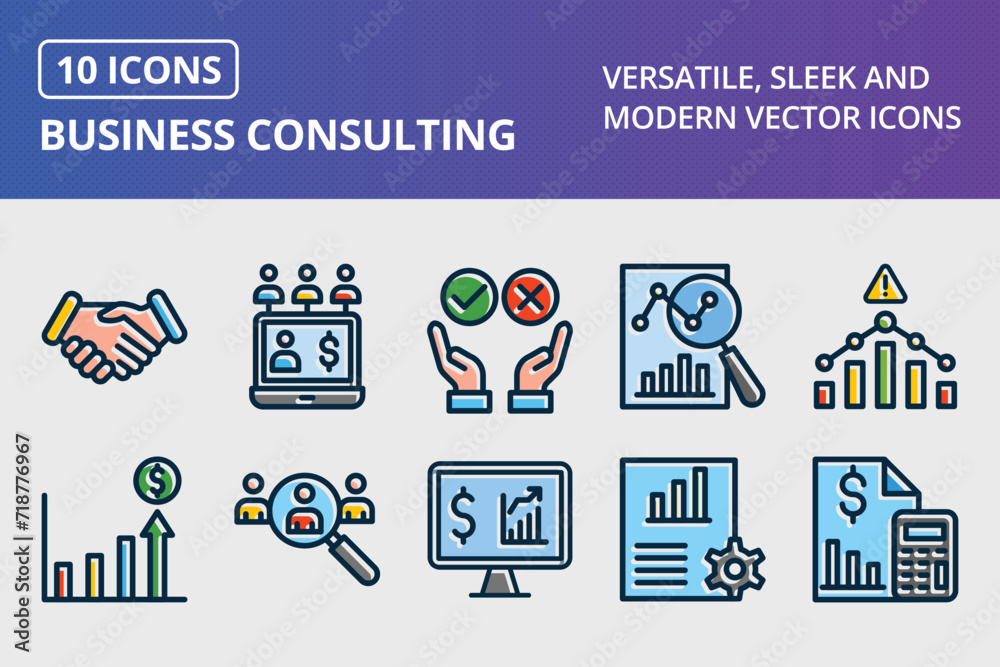 Business Consulting Thick Line Filled Dark Colors Icons Set