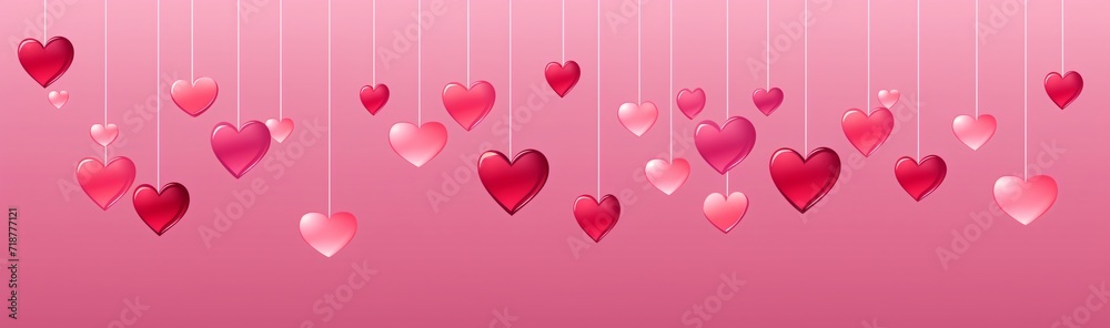 pink hearts hang from strings of light pink threads