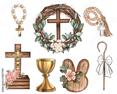 Easter and  Christianity Symbols, Easter wreath, chalice, Rosary, Boho farmhouse decorations