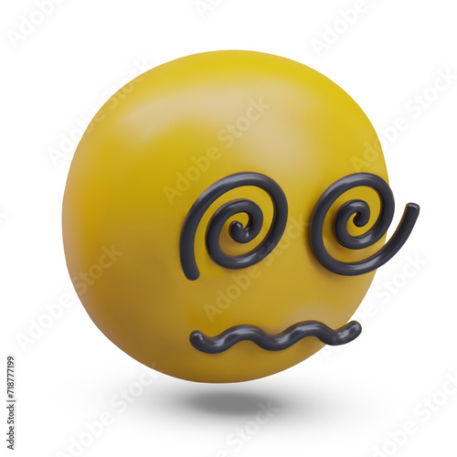 Dizzy face. Confused 3D emoticon with uncertain feelings. Yellow round head with spirals instead of eyes. Comic vector character full of emotions. Silly mood
