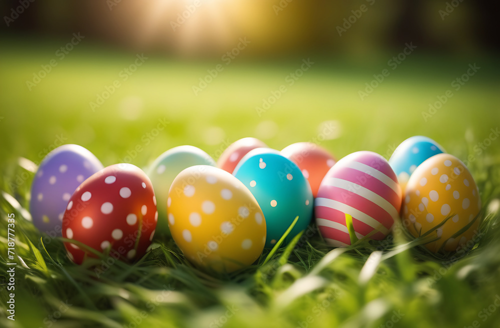 Colorful painted eggs lie on the grass, bright rays of the sun. happy Easter