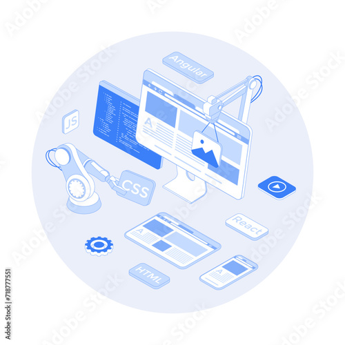 Frontend Development, Creating a site layout, template. Converting data into a graphical UI UX interface. Web development, design. Vector outline illustration with isometry scene for web graphic
