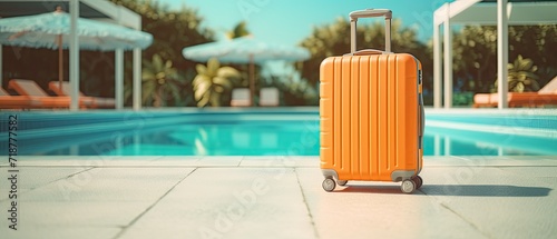 A cluster of luggage suitcases placed beside a resort swimming pool, epitomizing the essence of summer tourism. © Murda