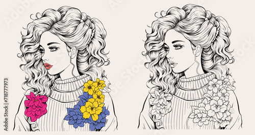 Beautiful girl with a flower Coloring page