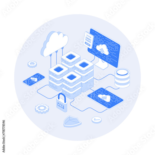 Data Center Services Cloud Services Information processing, hosting, provider, storage, networking, management and distribution of data. Vector outline illustration with isometry scene for web graphic