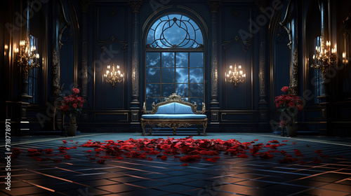 Living room interior design with rose petals and window. Created with Ai