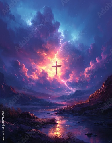 Cross in the Sky: A Stunning Purple Sunset with a Glowing Cross Generative AI