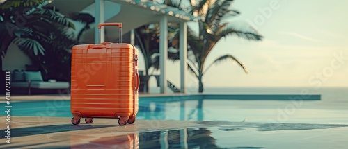 A cluster of luggage suitcases placed beside a resort swimming pool, epitomizing the essence of summer tourism. © Murda