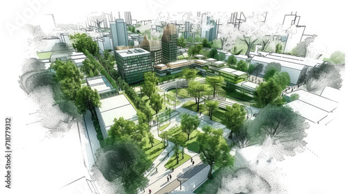  Urban project planning. Green sustainable design  creating eco friendly spaces  promoting energy efficiency  and integrating renewable energy sources for a low impact urban environment