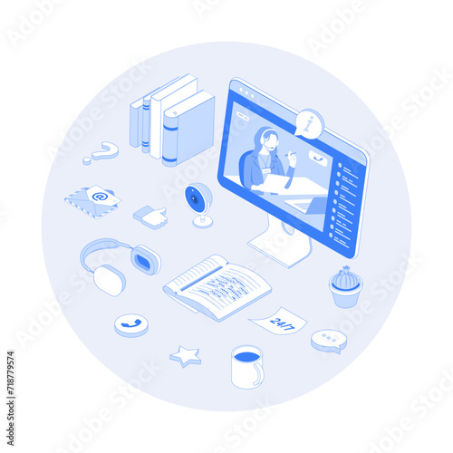 Customer service, support, technical assistant or call center. Hotline helpdesk. Professional online consultant operator help clients. Vector outline illustration with isometry scene for web graphic