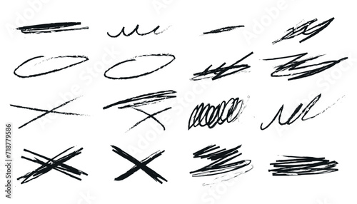 Grunge scrawls, charcoal scribbles, rough brush strokes, underlines strikethroughs. Bold charcoal freehand stripes and ink shapes. Crayon or marker scribbles. Vector illustration