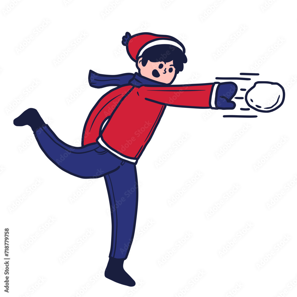 illustration of a boy is throwing a snowball loudly. winter activity, cartoon flat vector illustration
