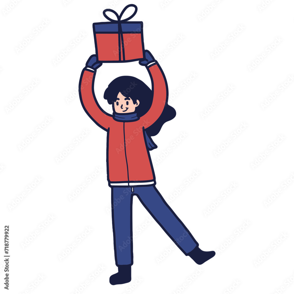 illustration of a woman is lifting a large christmas present above her head. christmas activity, cartoon flat vector illustration illustration of a woman is lifting a large christmas present above her head. christmas activity, cartoon flat vector illustration