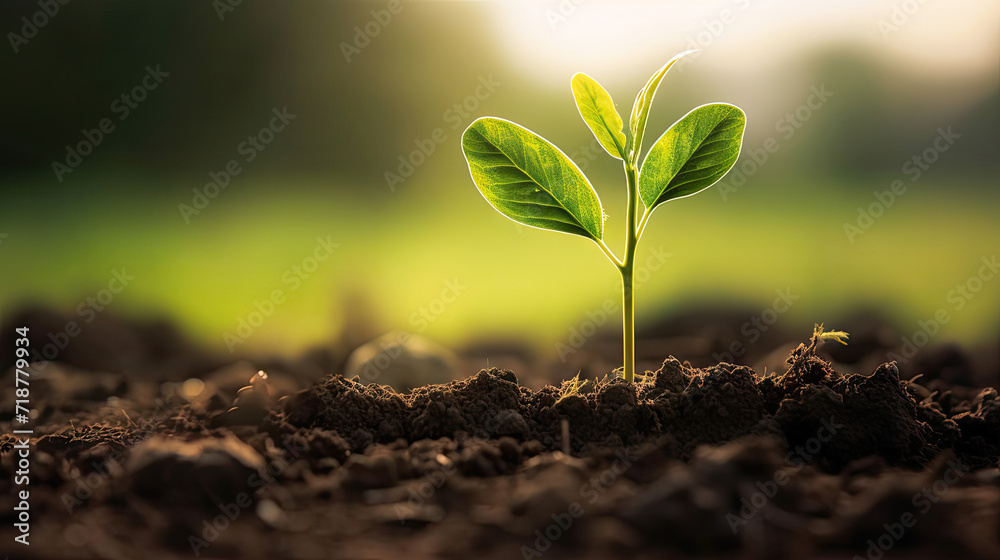 Fototapeta premium tree growing at morning. green world and earth day concept, seedlings grow from fertile soil, Ecology and ecological balance concept
