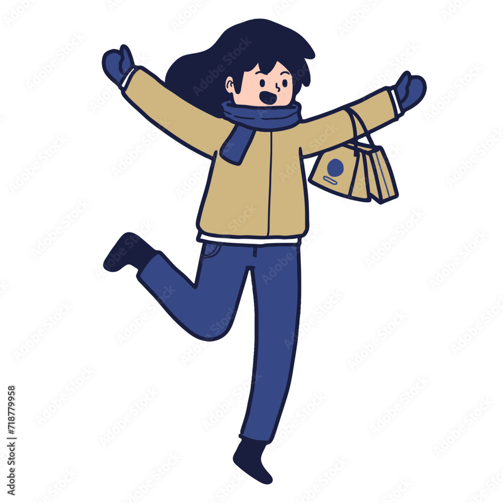 illustration of a happy woman carrying shopping bags in her hand. winter activity, cartoon flat vector illustration illustration of a happy woman carrying shopping bags in her hand. winter activity, cartoon flat vector illustration