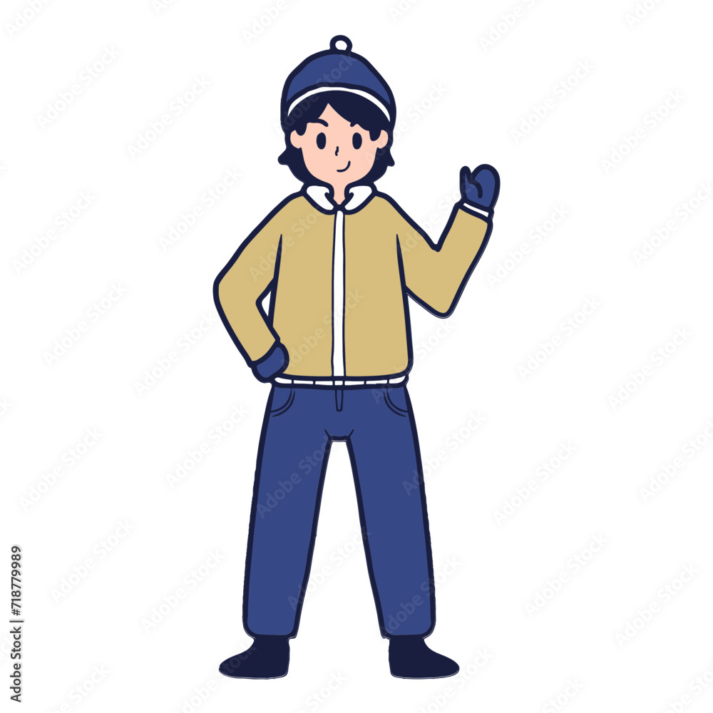illustration of a woman wearing winter clothes was standing while waving one hand . winter activity, cartoon flat vector illustration