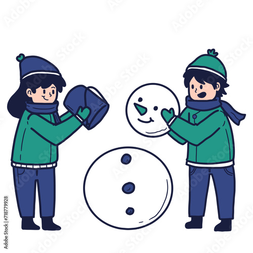 illustration of two chidren, a boy and a girl, are playing making a snowman together. winter activity, cartoon flat vector illustration