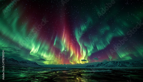 Northern lights amazing colorful lights in the sky. Multi colored  Green pink and purple. Magical nature landscape. Amazing Aurora borealis Northern lights. Amazing night scene Polar sky