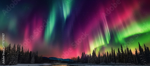 Northern lights amazing colorful lights in the sky. Multi colored  Green pink and purple. Magical nature landscape. Amazing Aurora borealis Northern lights. Amazing night scene Polar sky