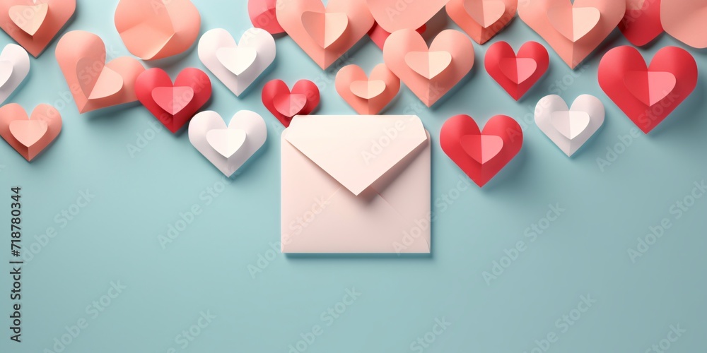 red and white paper paper hearts in a envelope on light blue background