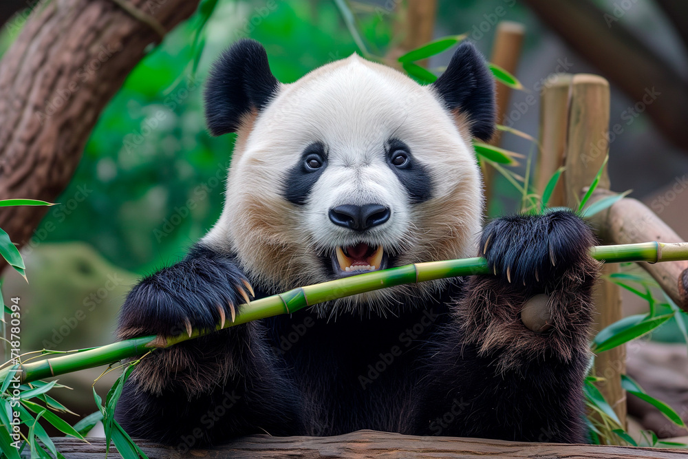 Fototapeta premium Cute panda eating bamboo