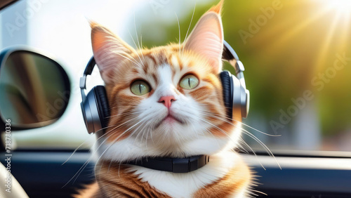 Fanny cute ginger cat listening music in headphones sitting in the red car, sunny spring day, Selective focus