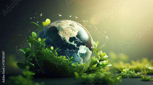 globe earth on  green grass. World environment day, earth day, save earth and eco concept. Concept of handmade globe on pastel background.