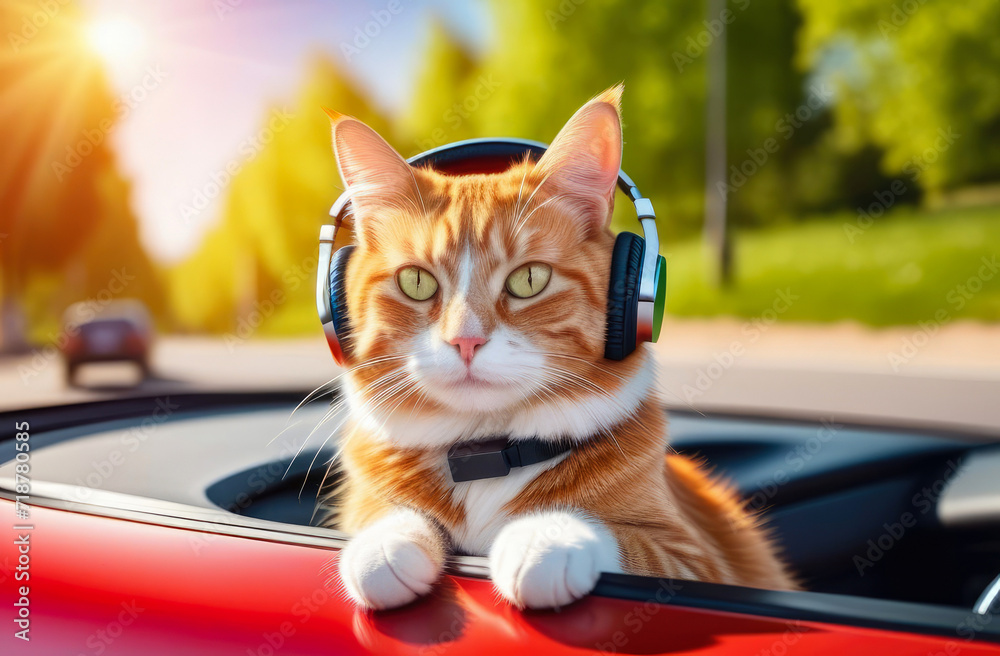 Fanny cute ginger cat listening music in headphones sitting in the red car, looking at camera, sunny spring day. Selective focus