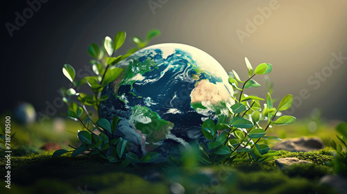 globe earth on green grass. World environment day, earth day, save earth and eco concept. Concept of handmade globe on pastel background.